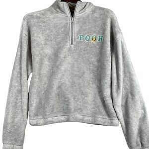Disney Pooh Womens M Cropped Fleece Jacket Gray Half Zip Embroidered Winnie
